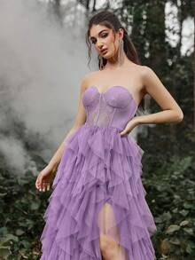 Faeriesty 优雅的无肩带正式礼服，薄纱覆盖，褶皱紧身胸衣，高端精致的设计，飘逸的薄纱拖尾和高开衩——是正式晚宴、婚礼宾客着装、新娘写真、红毯活动、奢华盛会、派对、度假和春季活动的理想之选。 - 紫色 - 查看 5