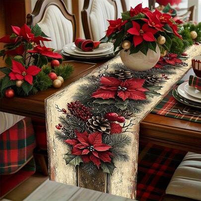 1PC Retro Christmas Table Runner With Red Poinsettia & Pinecone Design - Rustic Farmhouse Style Rectangular Holiday Dining Decor, Durable Blend Fabric In Red, Green, Golden For Xmas, New Year, Winter Parties, Thanksgiving