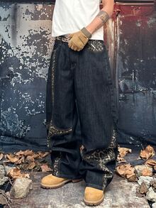 Type Power 1PC Men's Baggy Jeans, Leopard Print Patchwork Retro Washed Wide Leg Streetwear Skate Pants For Daily Wear, Multi Sizes - Black - View 5