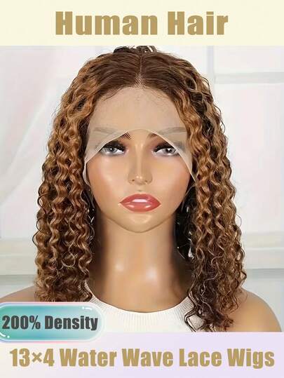 8-16inch 4/27 Highlight Curly Wigs Short Bob Wig Human Hair Brazilian Water Wave Ombre Blonde Color Made Of Human Hair For Women Easy To Maintain, Suitable For Role-Playing, Daily Life, Weekends, Parties, Dates, Shopping