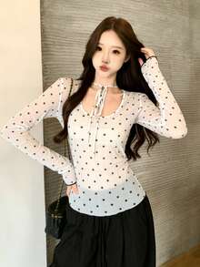 Áo thun dài tay cổ buộc nơ chấm bi dành cho nữ - trắng - Xem 3