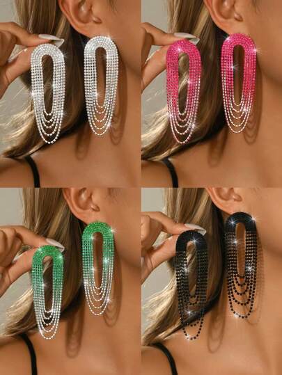 1 Pair Vintage Long Tassel Crystal Teardrop Earrings, Suitable For Women, Available In White, Black, Rose Red And Green