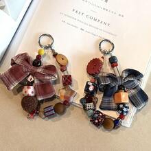 Matching Butterfly Beaded Phone Lanyard, Keychain, Phone Case Strap - Checkered Bow - Blue (Collector's Item Comes With a Free Pendant) - View 3