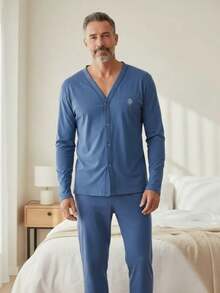 Men's Open Button Pajamas With Long Sleeves And Long Pants For Winter Post-Surgical Use In Knit Fabric - Blue - View 3