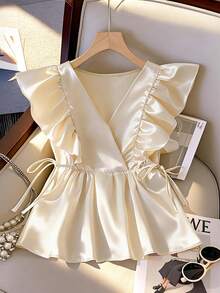 优雅法式短袖衬衫，女士夏季新款时尚独特设计荷叶边无袖衬衫 - 香檳色 - 查看 1