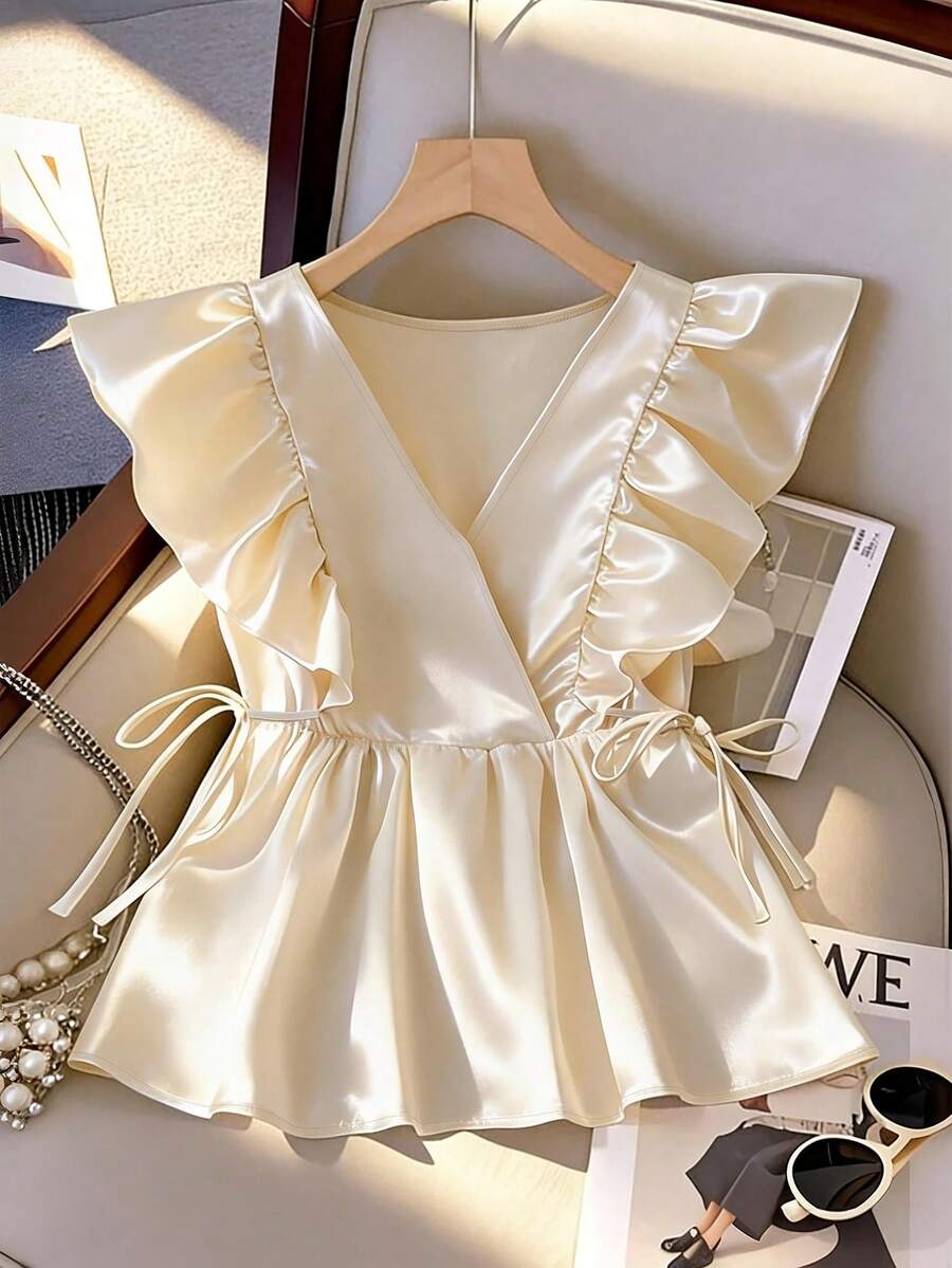 优雅法式短袖衬衫，女士夏季新款时尚独特设计荷叶边无袖衬衫 - 香檳色 - 查看 1