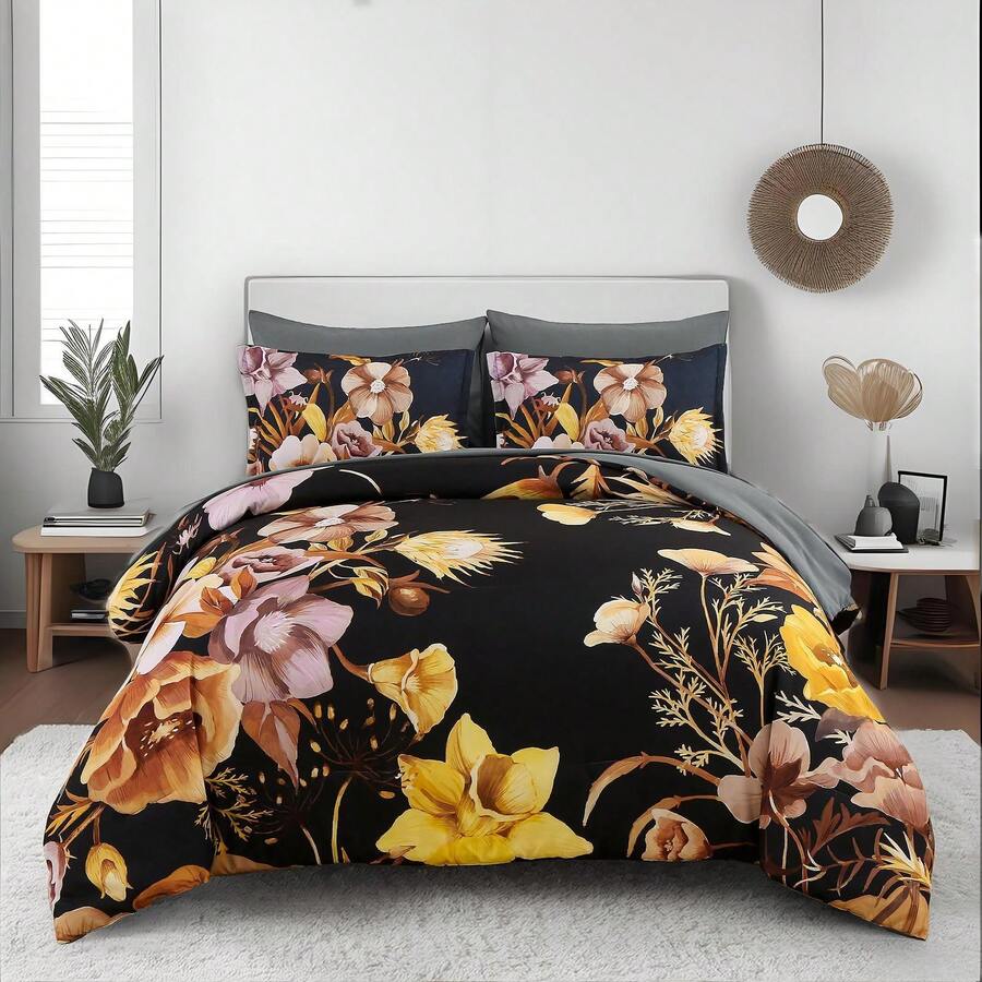 7 Pieces Purple Floral Comforter Sets Full Queen King Bed In A Bag,Elegant Flower Comforter With Sheet Set, Soft Microfiber Bedding Set For Wedding Items,Valentines Day Home Bed Room Decor,Mothers Day Gift,All Season - 金色和黑色 - 查看 1