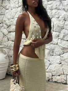 FOR BEAUTY 女士夏季新款针织杏色两件套，包含一件深V领无袖吊带背心和一条修身长裙，休闲度假风，适合海滩、假日、旅行，内含亮片上衣、女士罩衫、夏季女装春季款 - 杏色 - 查看 6