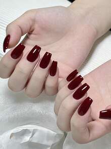 24片美甲贴，轻松升级你的美甲造型！优雅高级定制酒红色纯色假指甲，时尚经典酒红色全覆盖假指甲，适合女性和女孩。内含1张美甲贴和1片迷你果冻凝胶贴。随机发货。美甲用品。 - 紅色 - 查看 3