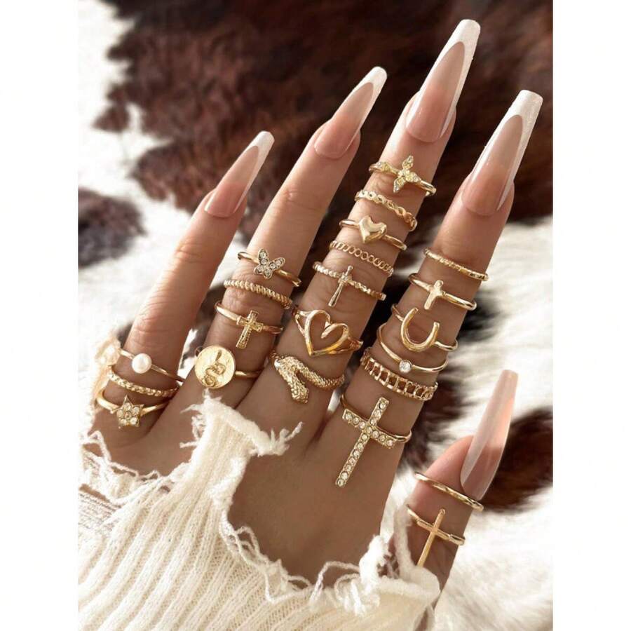 Comercio Exterior Transfronterizo Dropshipping Anillos de Mujer Anillos de Moda Estilo Punk Cruz Mariposa Corazón - Oro 11 - Ver 1