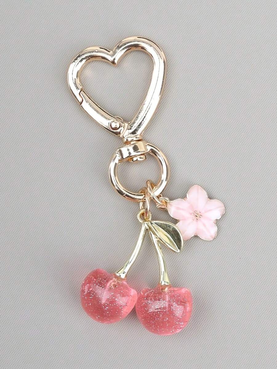 1 Piece Unisex New Shiny Simulated Cherry Keychain Fashion Exquisite Three-Dimensional Cherry Blossom Accessory Bag Pendant - Hồng - Xem 1