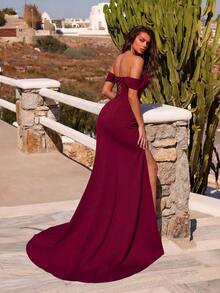 ADYCE 优雅露肩心形领荷叶边前开衩露背派对长裙婚礼春季 - 酒紅色 - 查看 5