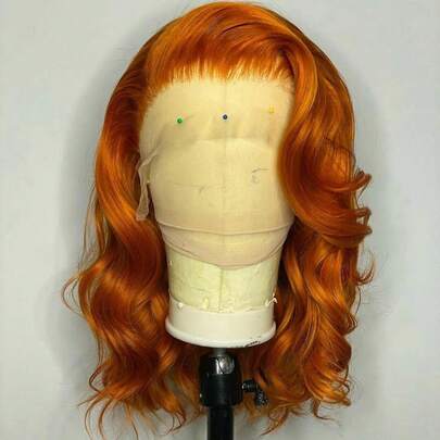 180%密度免胶佩戴假发，真人混纺发丝，预先拔毛、预先剪裁，波浪卷蕾丝前假发，13x4高清蕾丝前假发，真人混纺发丝，适用于免胶假发，180%密度，10-36英寸，姜橙色，350