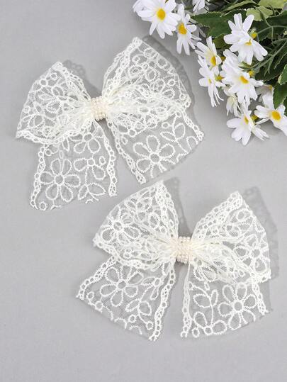 2pcs White Mesh Hair Bows For Girls Solid Color Flower Embroidery Mesh Bow Hair Clip Elegant Pearl Bowknot Barrettes Holiday Wedding Birthday Party Alligator Clips Headpiece Teens Hair Accessories