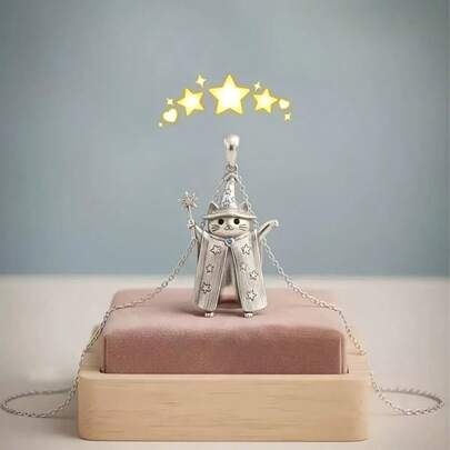 1件复古银色女巫帽猫咪吊坠项链，精致猫咪项链，派对饰品，生日礼物