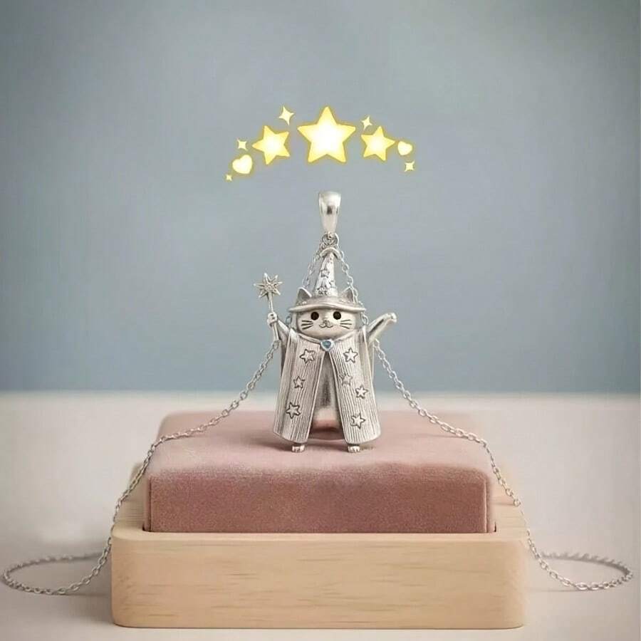 1件复古银色女巫帽猫咪吊坠项链，精致猫咪项链，派对饰品，生日礼物 - 銀色 - 查看 1