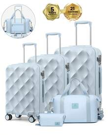 SOMAGO 4 In 1 Luggage Sets Hardside ABS Spinner Suitcase With 2 Travel Bags TSA Lock YKK Zipper 20"+24"+28" Suitcase Sets With 8 Silent Swivel Wheels, Diamond Pattern Surface - Xanh nhạt - Xem 1