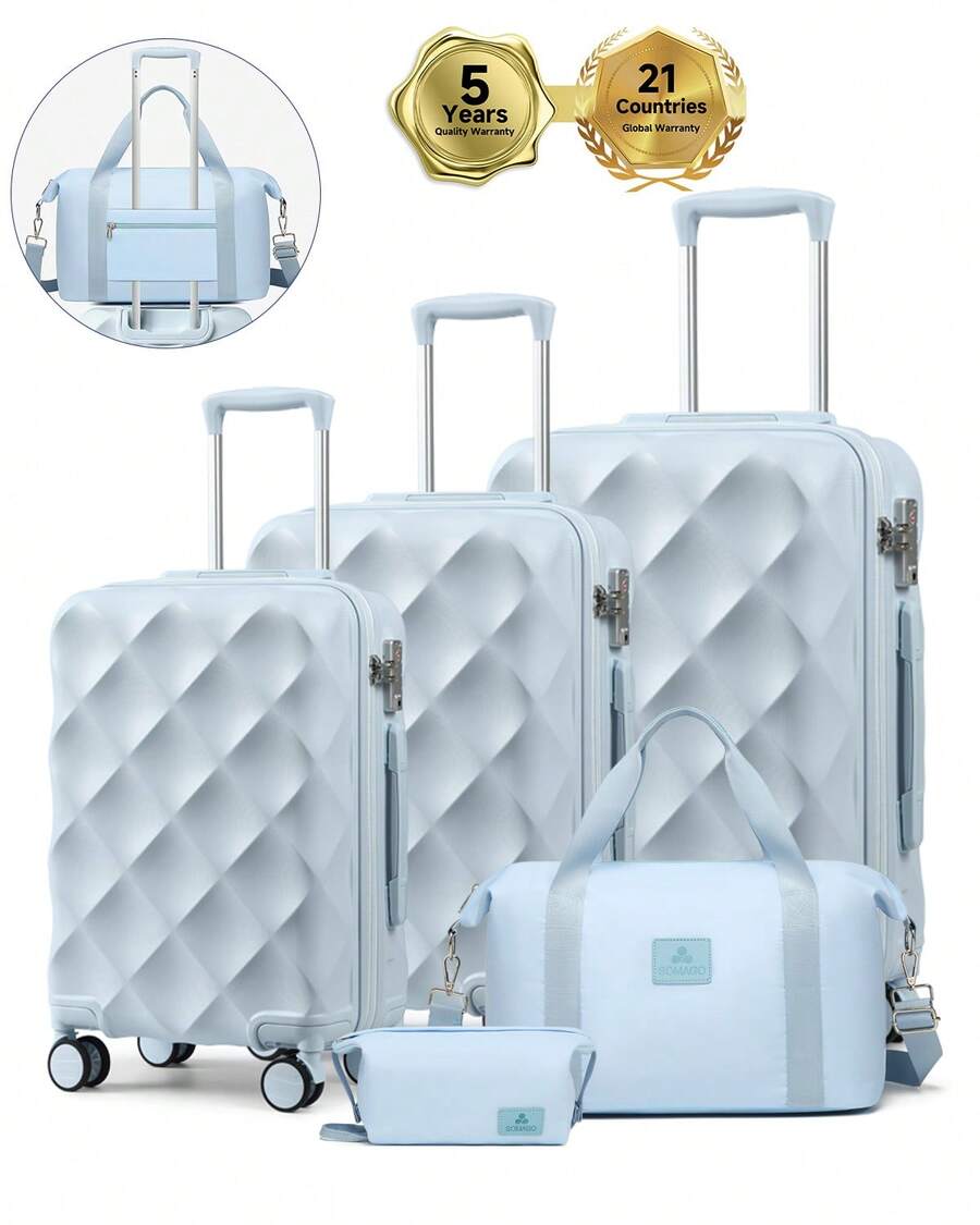 SOMAGO 4 In 1 Luggage Sets Hardside ABS Spinner Suitcase With 2 Travel Bags TSA Lock YKK Zipper 20"+24"+28" Suitcase Sets With 8 Silent Swivel Wheels, Diamond Pattern Surface - Xanh nhạt - Xem 1