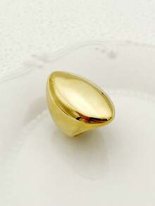 Mazuer 1pc Vintage Style Golden Smooth Oval Ring, 18K Gold Plated Stainless Steel Jewelry, Business & Casual Accessory, Gift - Gold - View 6