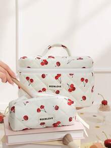 1件/套蝴蝶结玫瑰图案绗缝化妆包，时尚便携化妆包，多功能化妆品收纳手提包，带拉链化妆刷包，大容量洗漱旅行包 - 櫻桃 - 查看 16