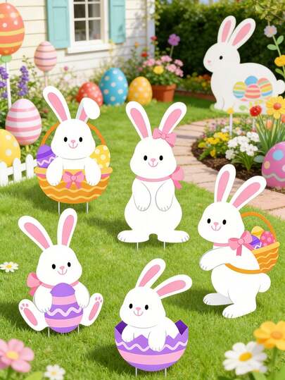 5pcs Cute Rabbits And Easter Eggs Yard Signs With Stands | Pastel Pink, Yellow, White, Purple Spring Lawn Decor, Durable Plastic, Ideal For Garden, Porch, Outdoor Easter Egg Hunt Games