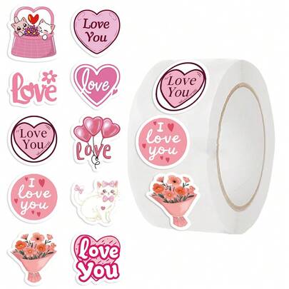 500PCS/ROLL Valentine's Day Pink Heart Doodle Stickers, Featuring Love Elements And A Bouquet Of Kittens, Are Waterproof Stickers Suitable For Decorating Phone Cases, Laptops, And Water Cups. They Are The Perfect Gift For Valentine's Day And Easter