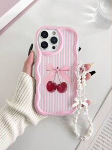Cream Textured Wavy Edge Glossy Striped Cherry Painted Anti-Drop Phone Case Protective Cover With Handmade Beaded Bracelet Accessory, Compatible With IPhone 16/11/16pro/16plus/16promax/16e/15Promax/13/14/12/XS/XR/7G/8P, Galaxy 11/12Pro/12/12X/13Pro/14Pro/15Pro/, 10/9/Note9/12c/Note11pro/Note8Pro,International Version, Not The Domestic Version - Multicolor - View 6