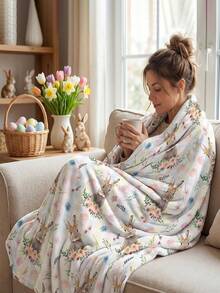 复活节法兰绒毯，复活节彩蛋格子兔子花朵树叶图案，柔软蓬松舒适，适合沙发、床铺休闲使用。 - 彩色 - 查看 5