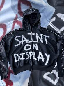 Women's Y2K Gothic Lettering Zip-Up Hooded Sweatshirt Jacket - Oversized Round Neck Streetwear Pullover With Saint On Display Back Print, Long Sleeve Casual Winter Warmth, Machine Washable White Hoodie With Black Piping & Red Drip Lettering (Inspired By Gothic Aesthetic) - Layering Essential For Fall/Winter Outfits - 黑色 - 查看 1