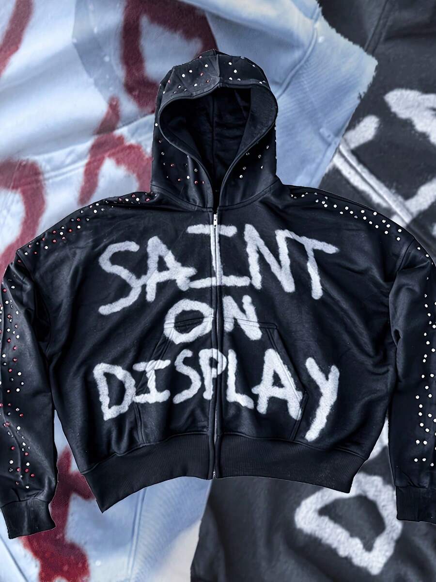Women's Y2K Gothic Lettering Zip-Up Hooded Sweatshirt Jacket - Oversized Round Neck Streetwear Pullover With Saint On Display Back Print, Long Sleeve Casual Winter Warmth, Machine Washable White Hoodie With Black Piping & Red Drip Lettering (Inspired By Gothic Aesthetic) - Layering Essential For Fall/Winter Outfits - 黑色 - 查看 1