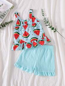 女婴西瓜印花荷叶边吊带上衣和浅绿色短裤两件套，可爱清新的夏季服装 - 薄荷綠 - 查看 3