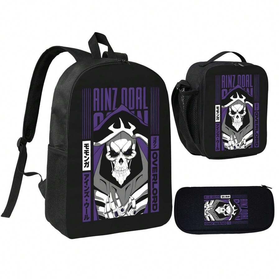 Camiseta De Ainz Ooal De Overlord Con Líneas Three Piece Backpack Set, Large Capacity Backpack, Crossbody Bag, Pencil Case, Adjustable Shoulder Strap Design, Convenient, School Backpack, Essential Three Piece Set For Starting School, Unisex - Black - View 1