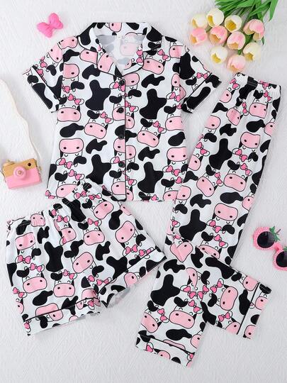 3pcs/Set Girls' Casual Cute Cartoon Cow Print Polo Collar Short Sleeve Cardigan, Shorts & Pants Sleepwear Set, Flame Retardant, All Season
