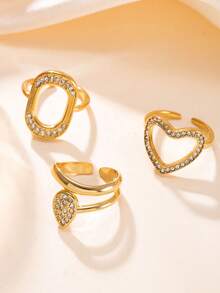 Set de 2 anillos de acero inoxidable con forma geométrica de corazón, O y gota de agua con diamante de imitación, adecuado para uso diario o de fiesta de mujeres, regalo para el Día de San Valentín - Dorado - Ver 2