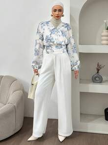 DAZY Áo kiểu nữ dài tay cổ chữ V in hoa bằng vải chiffon, áo dài tay, thích hợp cho mùa thu và nghỉ lễ. - Màu xanh lam - Xem 4