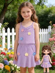 少女精致3D立体花卉吊带背心+半裙套装，适合度假和日常穿着 - 紫丁香色 - 查看 1