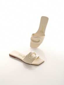 Vizzano Soft Leather Flat Slide Sandals With Modern Detail - Cream - View 1