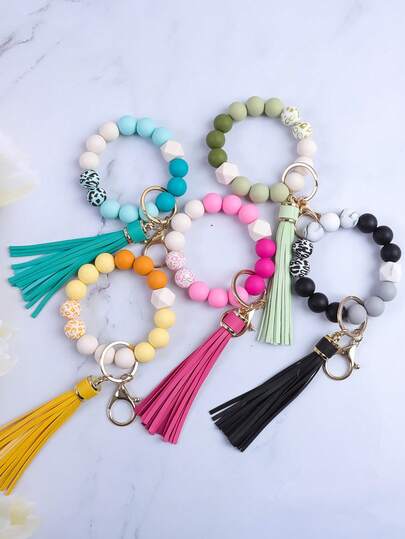 1pc Morandi Color Block Silicone Beaded Keychain, Tassel Decor, Elastic Design, Practical Daily Key Holder