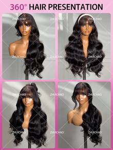 吹潮【带刘海假发】无胶闭合蕾丝假发 5x5 预剪蕾丝前额真人发混纺假发 28 英寸自然黑色水波纹带刘海假发 - 易于梳理和护理的时尚长假发 - 适合日常派对、圣诞节、新年假期 - 1B# - 查看 4