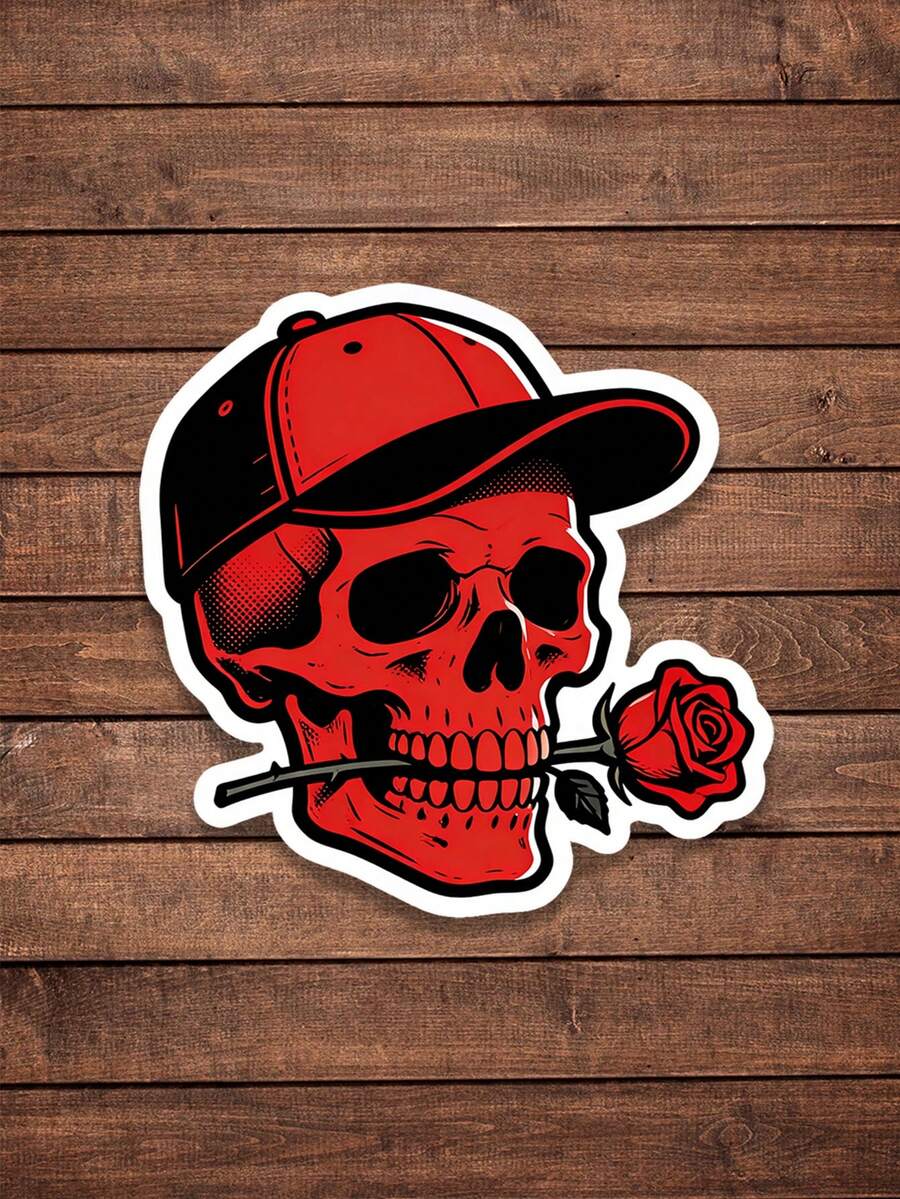 1pc Red Skull Rose Funny Sticker - Unique Helmet, Notebook And Water Bottle Sticker. Express Your Personal Style With These Red Skull Rose Stickers! Ideal For Customizing Helmets, Notebooks And Water Bottles, These Fun Stickers Bring A Touch Of Rebellious Flair. - Multicolor - View 1