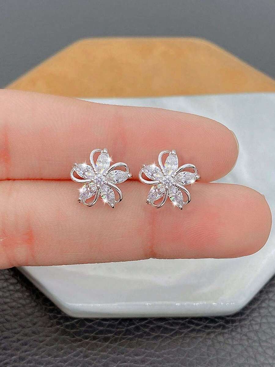 1 对时尚方晶锆石花朵耳钉，适合女士日常装饰情人节、妈妈、母亲、母亲节、礼物 - 銀色 - 查看 1
