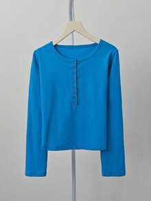 Sexy V-Neck Long Sleeve Fitted Crop Top Tee - Blue - View 6