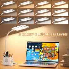 Lámpara LED de Escritorio con 3 Puertos USB, 2 Salidas CA, 3 Modos de Color, 3 Niveles de Brillo, Función Táctil/Memoria/Temporizador, Plegable, para Oficina - cargador inalámbrico/cuello de cisne blanco - Ver 1