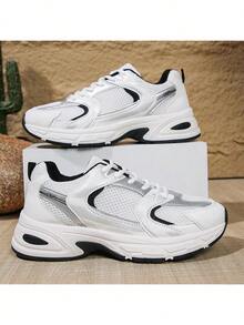 American Retro Contrast Color Running Shoes, Mesh Breathable, Thick Bottom Cushioning, Campus, Street, Daily Wear Template, Running Shoes To Grasp The Relaxation Feeling, 5cm High Casual Shoes - 黑 - 查看 4