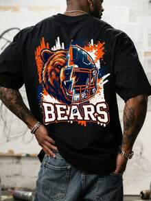 美国橄榄球队标语印花男士时尚圆领短袖T恤 - 黑色 - 查看 4