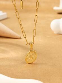 1pc Stainless Steel Fashionable Cute Golden Lemon Shaped Pendant Necklace, Suitable For Women's Daily Wear Or Gift - Yellow Gold - View 2