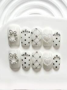 10pcs Simple Dot Nail Stickers, Acrylic Pressed Nail Stickers, Shiny White Heart-Shaped, Rhinestone Hollow Bow Nail Decorations, Hand-Painted Black Dots, Silver Grid Lines, White Nail Polish, Includes Nail Tools (1 Jelly Sticker + 1 Nail File), Available In 3 Sizes: Square, Almond, Short Rectangle, Suitable For Office, Travel, Party, Daily Manicure Nails - Nhiều màu - Xem 12
