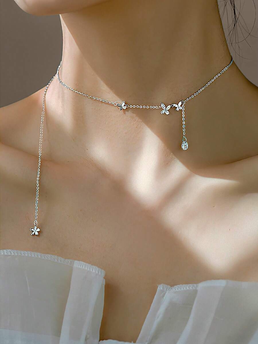 1pc S925 Sterling Silver Rhinestone Butterfly Necklace, Minimalist Design, Fashionable & Versatile Choker Necklace, Romantic & Sweet Clavicle Chain, Gift Idea - Butterfly - View 1