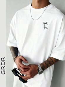 Camiseta de manga corta con cuello redondo y estampado de palmeras de moda para hombre, informal - Blanco - Ver 3