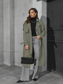 Áo khoác gió dài nhẹ dành cho nữ có thắt lưng - Áo khoác công sở đa năng thời trang, phù hợp cho mùa xuân và mùa thu, kiểu dáng thường ngày thanh lịch. - màu xanh lá - Xem 3